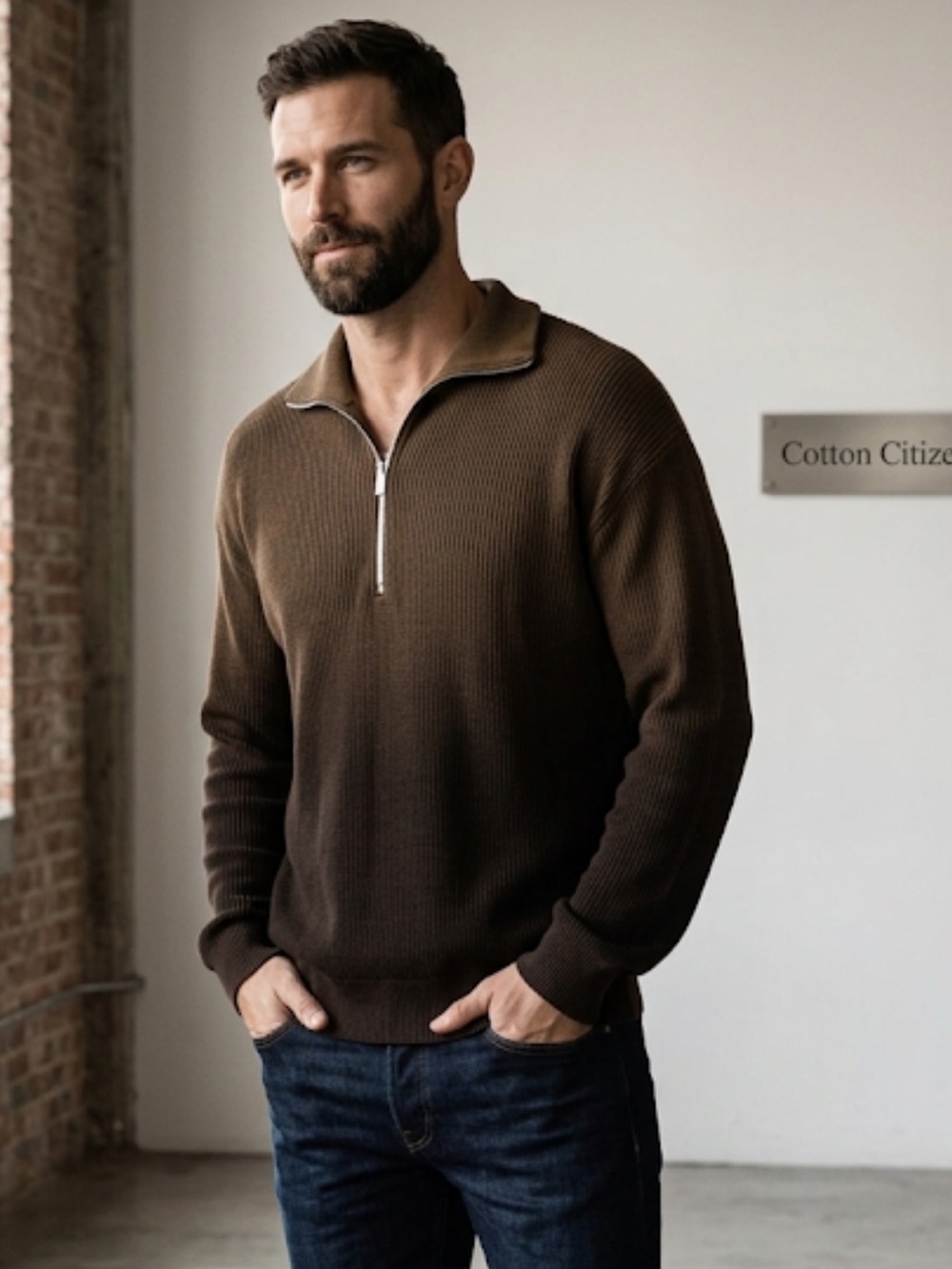 Cotton Citizen  Brown Ombre Zip Up Sweater with Ribbed Cuffs